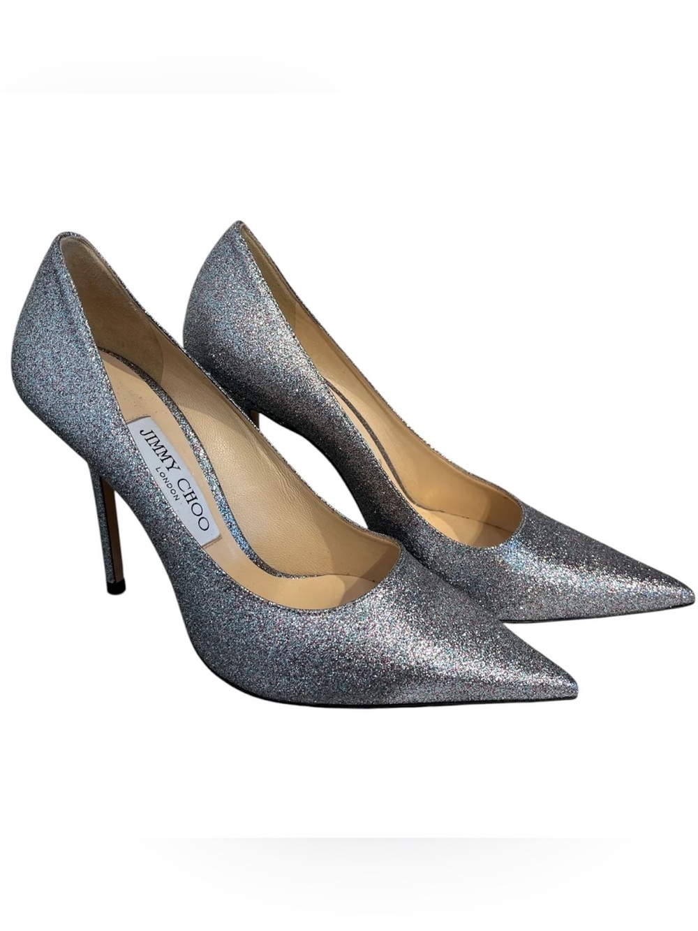 Jimmy Choo Silver Glitter Pointed Toe Stiletto Pumps